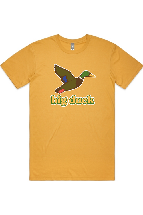 Mustard tee with front flying mallard Big Duck logo