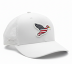 Big Duck Americana White cap with raised PVC Big Duck logo, side view