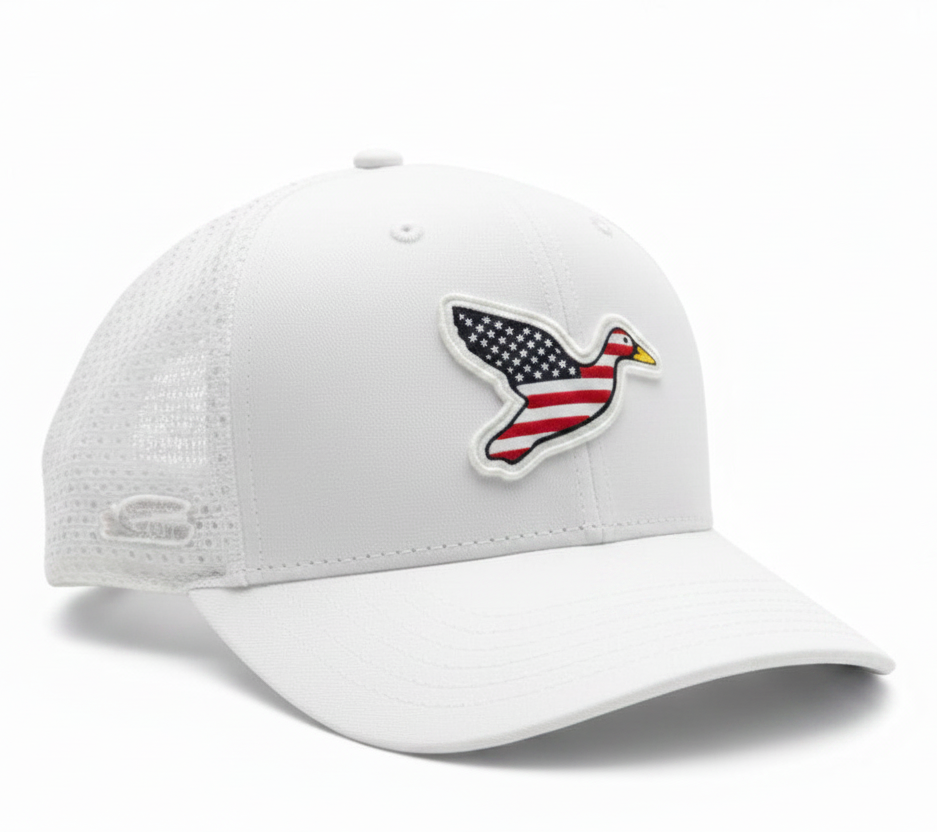 Big Duck Americana White cap with raised PVC Big Duck logo, side view