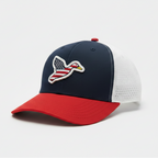 Big Duck Americana Stars and Stripes cap with raised PVC Big Duck logo, side view