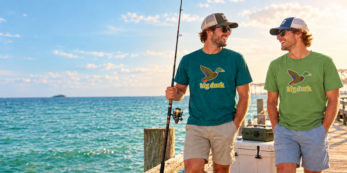 Friends in Big Duck tees on a fishing pier
