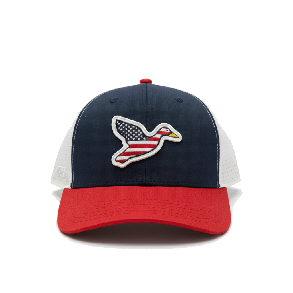 Big Duck Americana Stars and Stripes cap with raised PVC Big Duck logo, front view