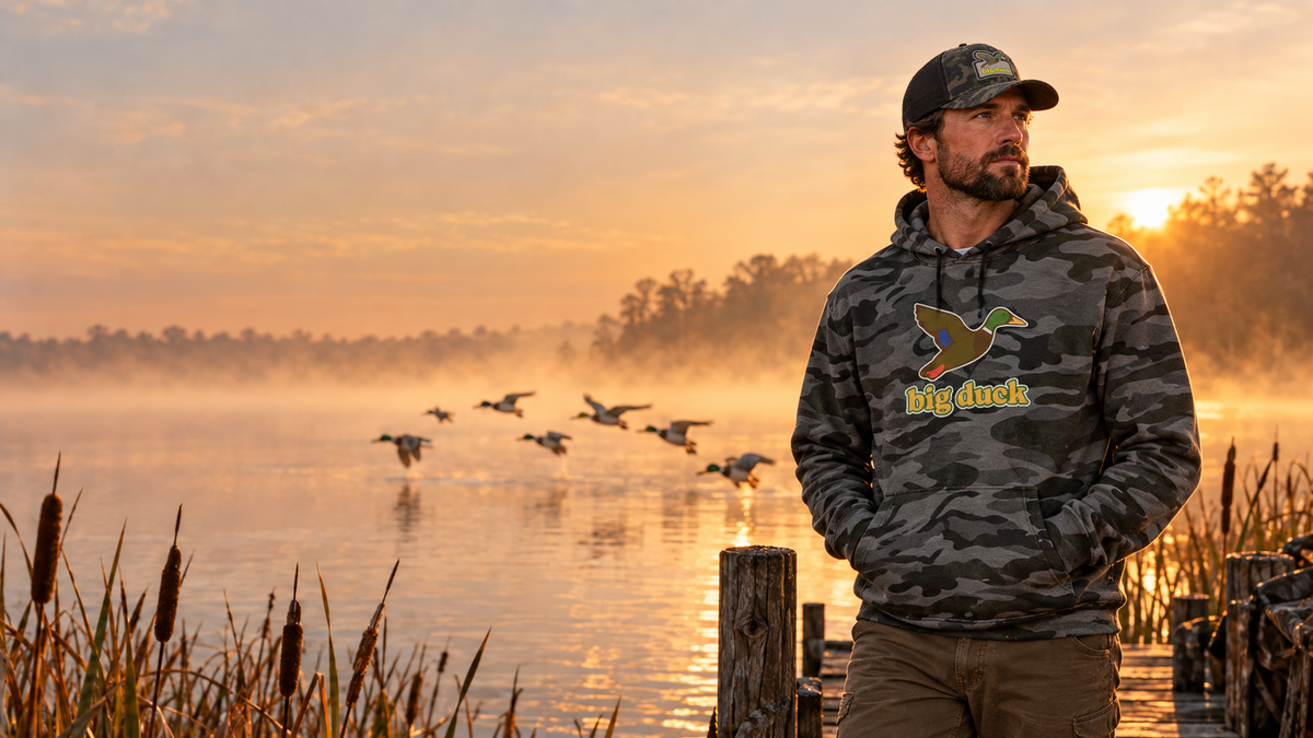 Man in a Big Duck camo hoodie and black camo trucker hat at a foggy sunrise lake with ducks flying